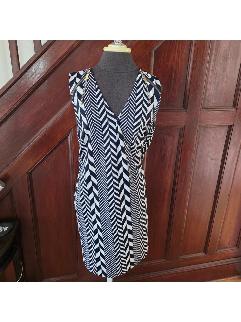Michael Kors Chevron Sleeveless Dress XL Navy & White Chain Detail
